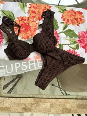 Cupshe Dark Brown Crochet Push-Up Bikini Set